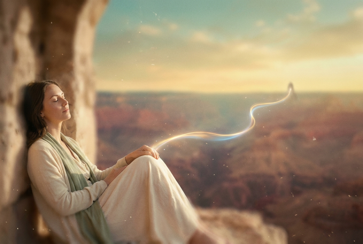 A woman in serene meditation as a ribbon of healing energy flows from her across a vast dawn horizon, evoking remote acupuncture reaching across distance